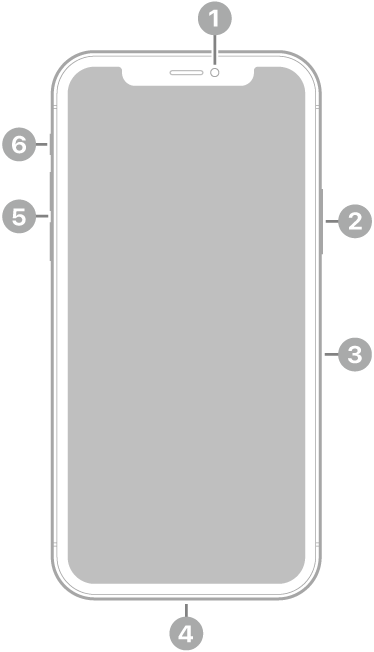 La vue de face de l’iPhone 11 Pro. La caméra avant se trouve en haut au centre. Sur le côté droit, de haut en bas, se trouvent le bouton latéral et le support pour carte SIM. Le connecteur Lightning se trouve en bas. Sur le côté gauche, de bas en haut, se trouvent les boutons de volume et le bouton Sonnerie/Silence.