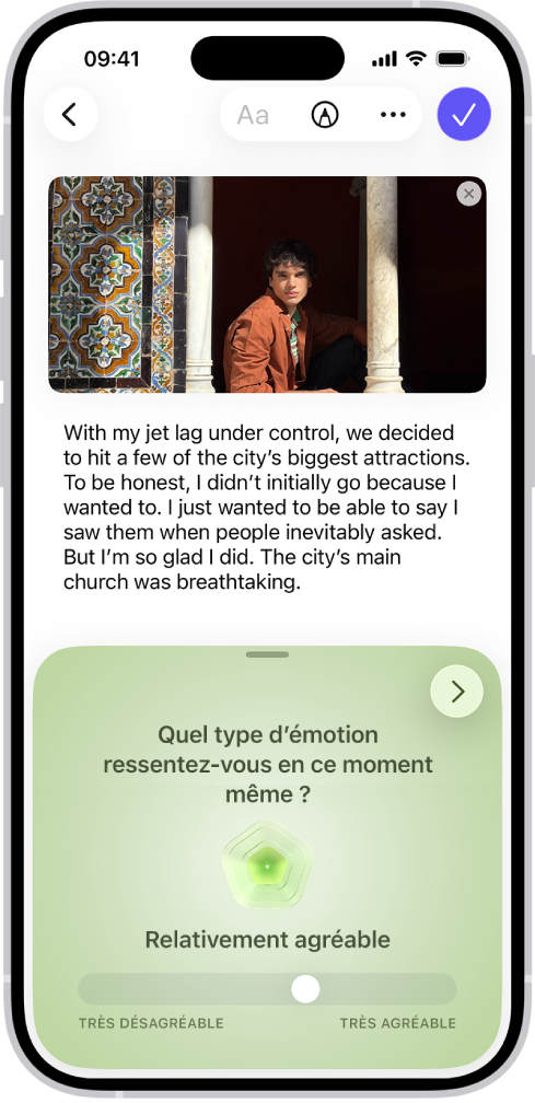 Un écran de l’app Journal comportant une section au bas de l’écran au sein de laquelle vous pouvez enregistrer votre état d’esprit.