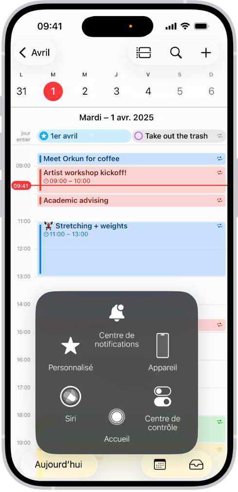 Un iPhone avec le menu AssistiveTouch visible, affichant les commandes « Centre de notifications », Appareil, « Centre de contrôle », Accueil, Gestes et Personnalisé.
