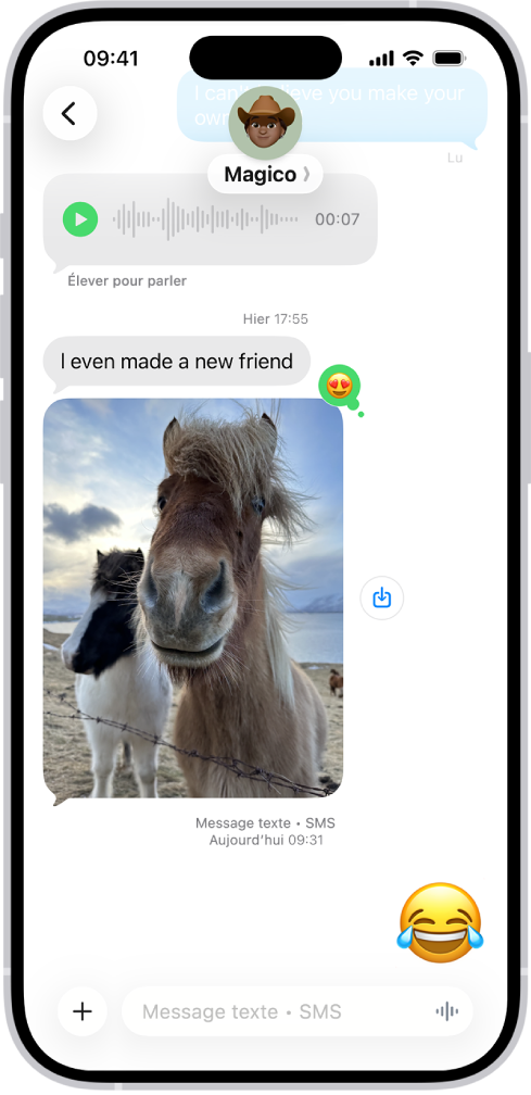 Une conversation dans Messages. Les bulles de message sont vertes, ce qui indique que l’autre personne n’utilise pas iMessage.