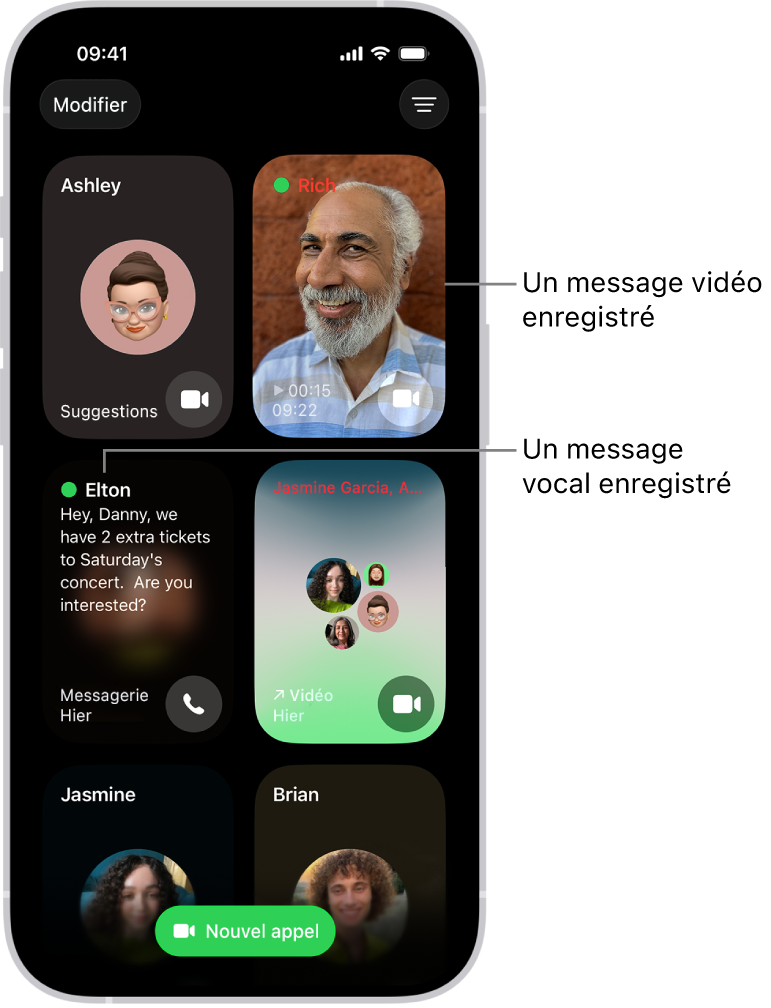 L’historique des appels de FaceTime, affichant un contact suggéré, un message vidéo enregistré, un message vocal et un appel vidéo FaceTime de groupe.