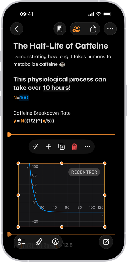 Une note mathématique ouverte dans Calculatrice, avec une variable déclarée, une équation et un graphique.