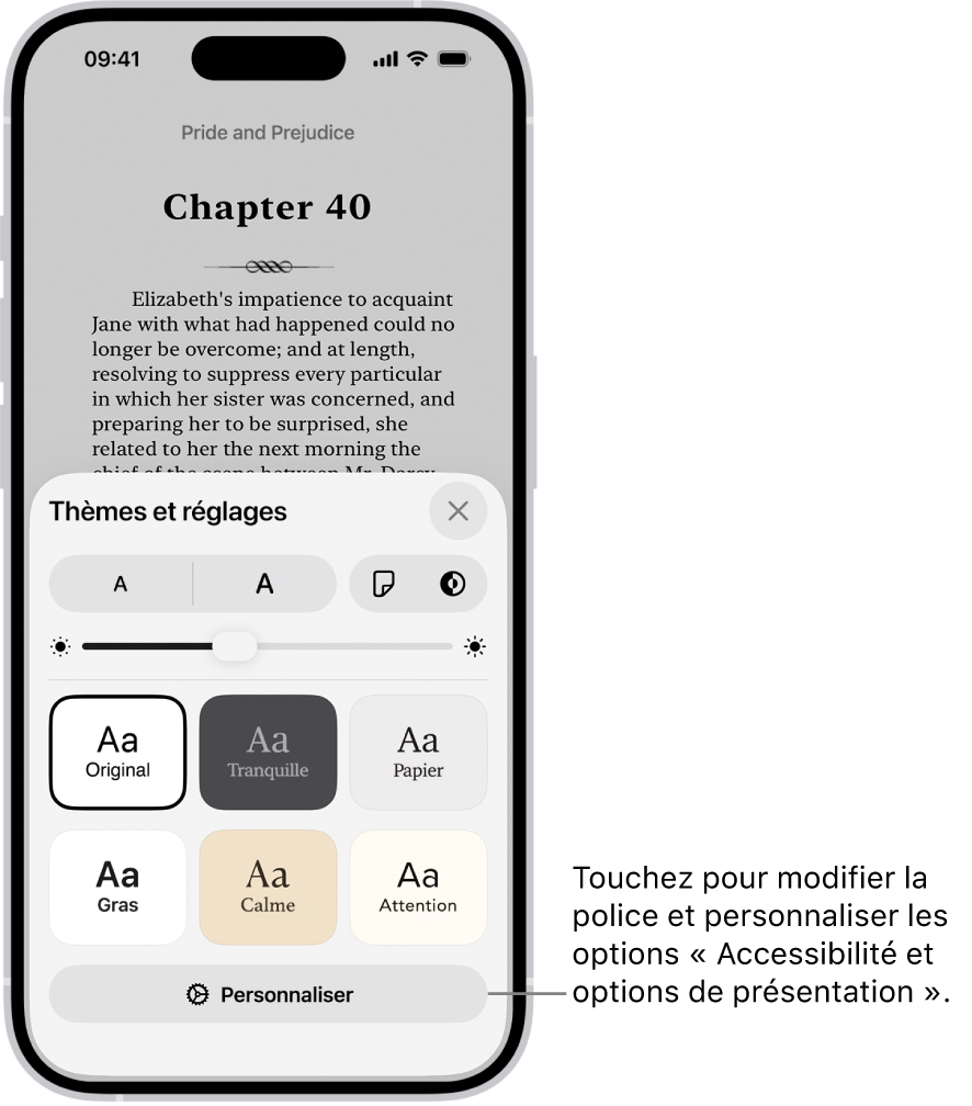 Une page d’un livre dans l’app Livres. Les options Thèmes et réglages affichant des commandes pour la taille de la police, la disposition du défilement, le style de défilement des pages, la luminosité et les styles de police.