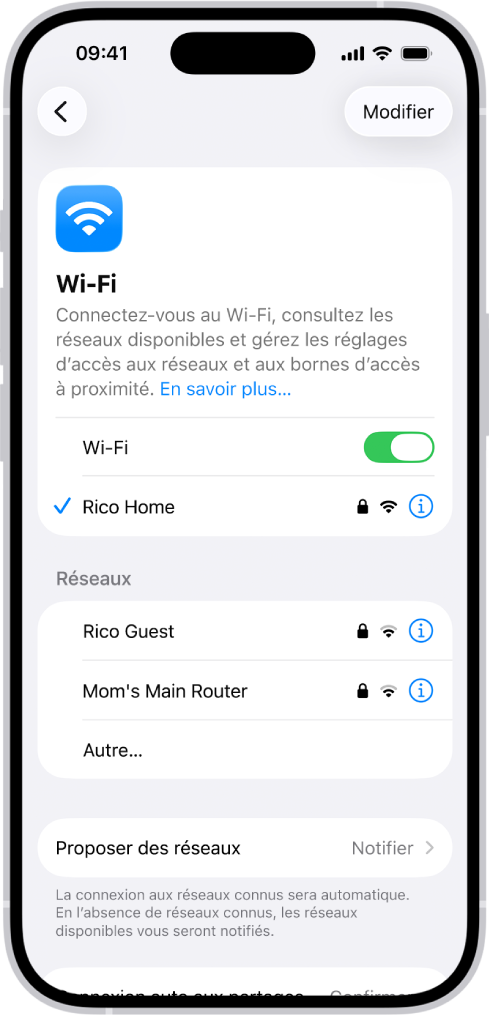 L’écran des options Wi-Fi dans Réglages. Le Wi-Fi est activé et un réseau est sélectionné.
