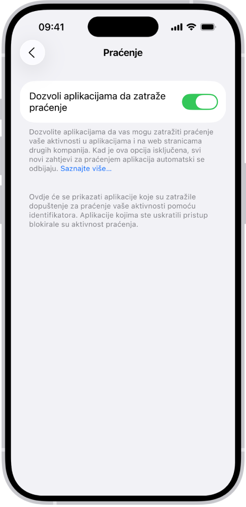Zaslon Praćenja s postavkom za upravljanje mogu li aplikacije zatražiti praćenje vas na web stranicama ili aplikacijama u vlasništvu drugih tvrtki.