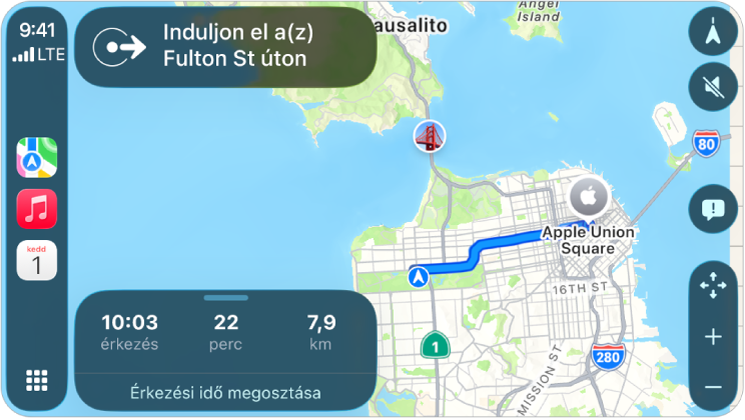 A CarPlay megjeleníti a Térképeket, a Zenét és a Naptárat az oldalsávon. Jobb oldalon az Apple Parkból az Apple Union Stationhöz vezető navigációs útvonal látható.