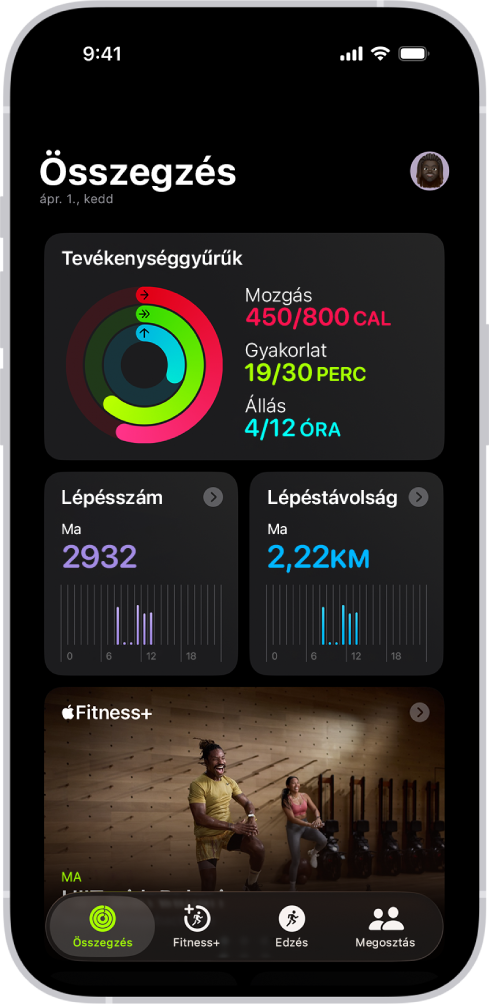 A Fitnesz Összegzés képernyőjén a Tevékenységgyűrűk, a Lépésekkel megtett távolság és s Trendek területek láthatók.