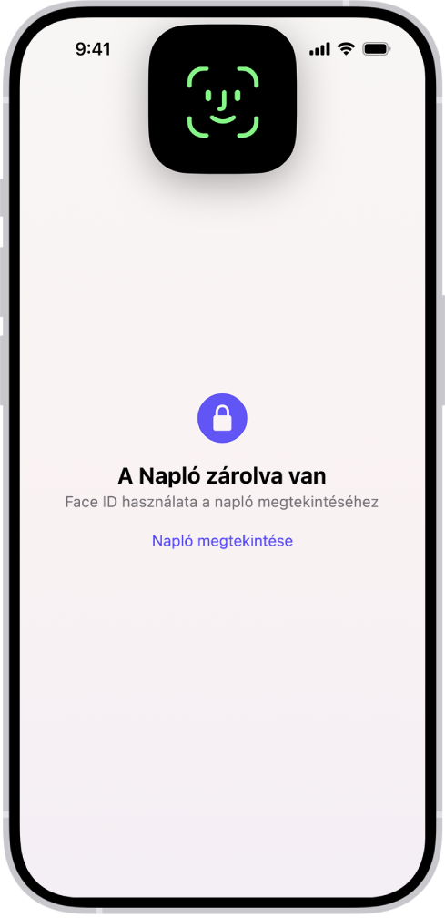 A Napló app egy képernyője, amely jelzi a felhasználó számára, hogy a napló zárolásának feloldásához a Face ID‑t kell használnia.
