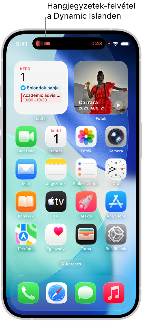 Az iPhone Főképernyője, amelyen egy Hangjegyzetek-felvétel látható a Dynamic Islandben.