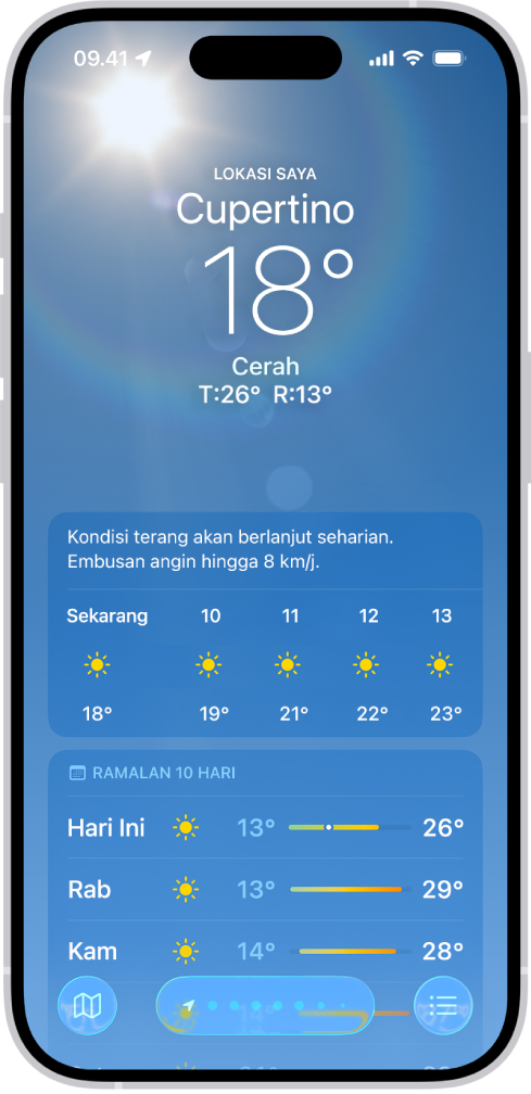 App Cuaca menampilkan, dari atas ke bawah: lokasi, suhu saat ini, suhu tertinggi serta terendah untuk sehari, perkiraan per jam, dan beberapa hari pertama dari perkiraan 10 hari. Sebaris titik di tengah bawah mewakili lokasi lain di daftar lokasi. Di pojok kanan bawah terdapat tombol Daftar Lokasi dan di pojok kiri bawah terdapat tombol Tampilkan Peta.