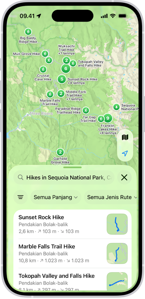 App Peta menampilkan hasil yang cocok dengan pencarian jalur pendakian di taman nasional.