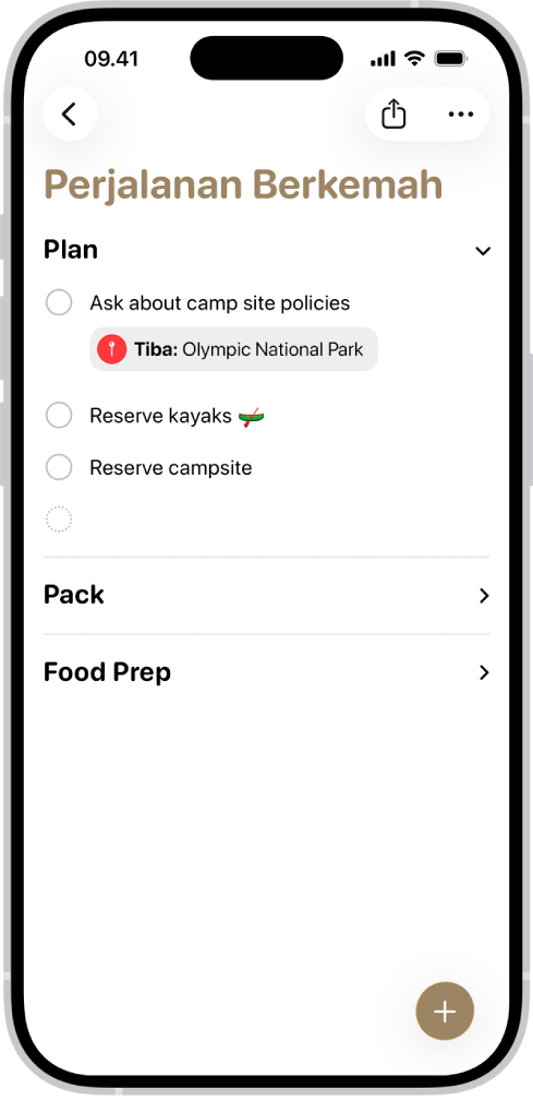 App Pengingat yang menampilkan daftar dengan satu bagian yang diperluas dan bagian lainnya diciutkan.