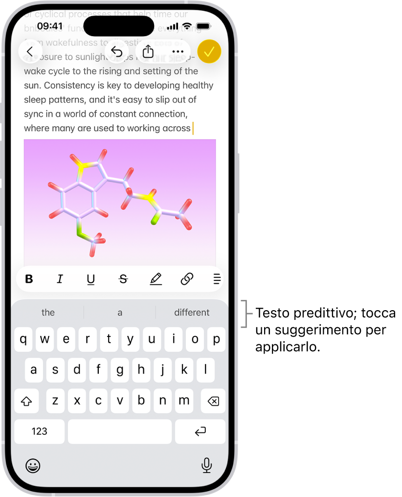 Nell’app Messaggi è aperta la tastiera su schermo. Nel campo di testo vengono inserite delle parole e sopra la tastiera sono presenti suggerimenti di testo predittivo per la parola successiva.