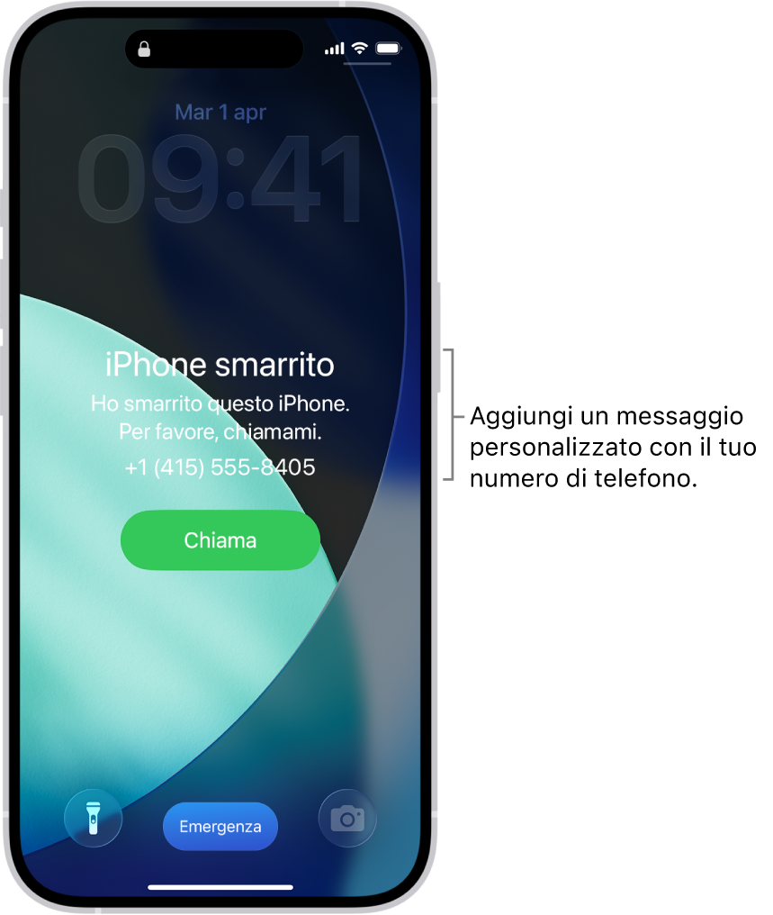 La schermata di blocco di un iPhone con il messaggio che iPhone è stato smarrito Puoi aggiungere un messaggio personalizzato insieme al numero di telefono.
