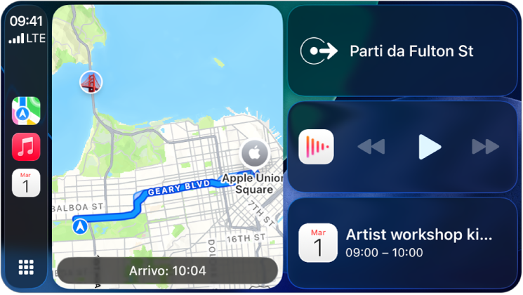 La Dashboard di CarPlay che mostra le app Mappe, Musica e Messaggi nella barra laterale. A destra, viene visualizzata una mappa di Apple Park, una finestra di navigazione e una finestra con i contenuti in riproduzione.