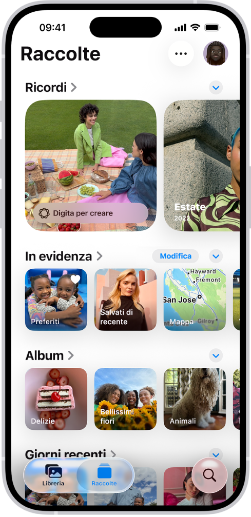 L’app Foto aperta con il pulsante Raccolte selezionato nella parte inferiore dello schermo. Sulla schermata dall’alto in basso sono visualizzate le seguenti Raccolte: Ricordi, “In evidenza”, Album e “Giorni recenti”.