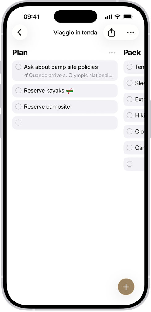 L’app Promemoria che mostra un elenco per l’organizzazione di un viaggio in tenda, con le voci suddivise per categorie e organizzate in colonne.