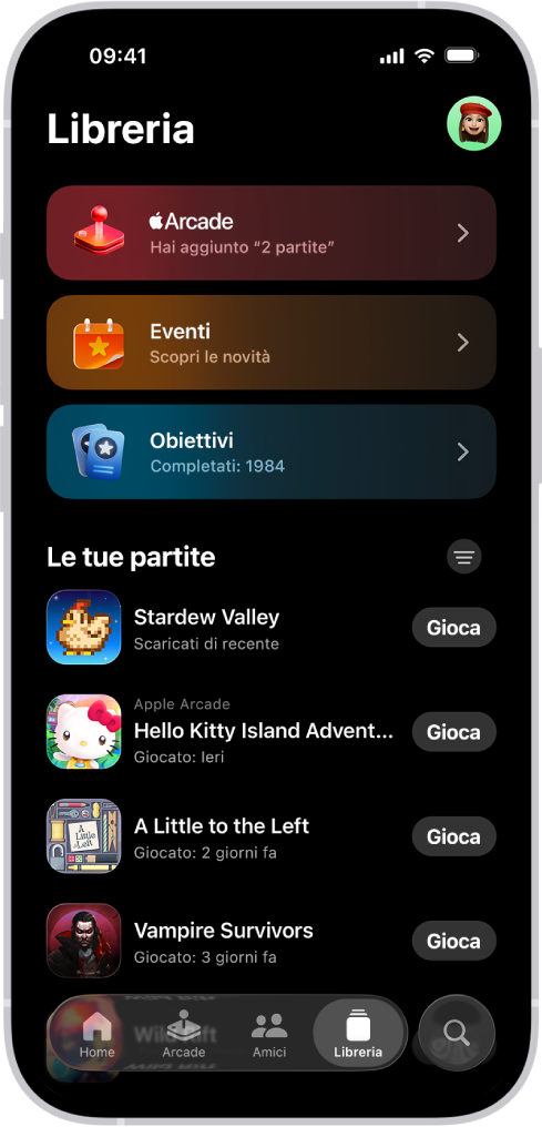 L’app Apple Games che mostra il pannello Libreria, con sezioni per Apple Arcade, eventi dei giochi, medaglie e un elenco scorrevole di titoli giocati e scaricati.