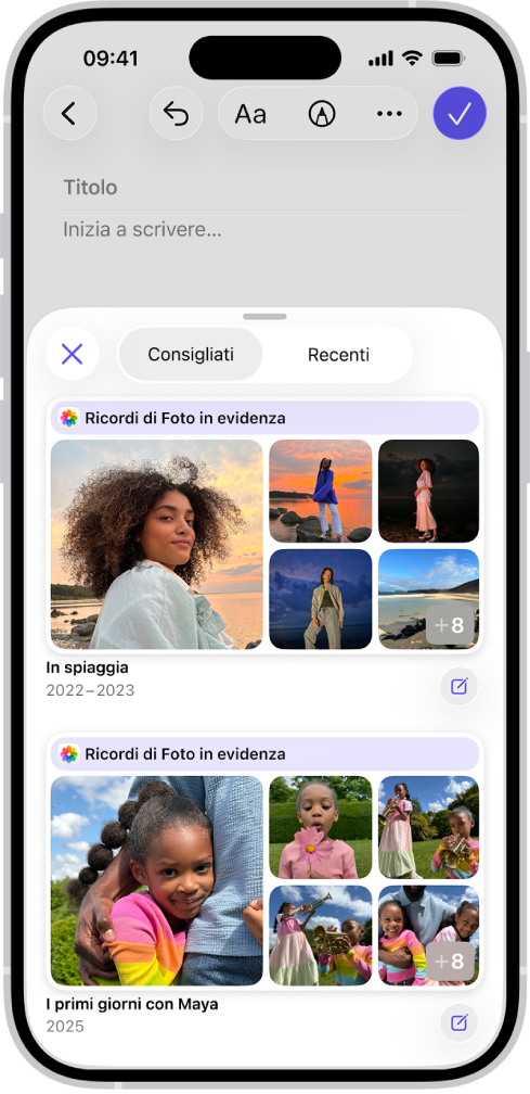 Una schermata nell’app Diario che mostra le foto in evidenza come suggerimenti per la creazione di un’annotazione del diario.
