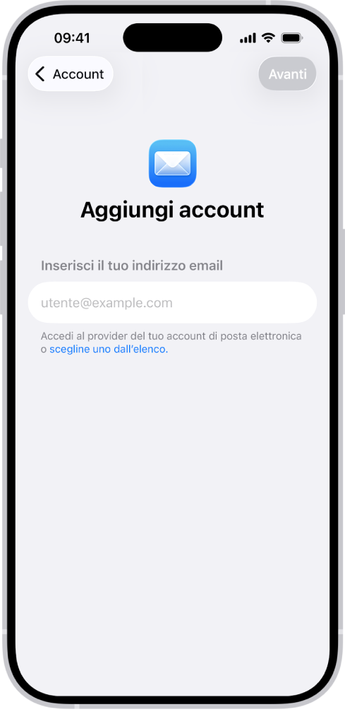 La schermata “Aggiungi account” con un campo per inserire l’indirizzo email.