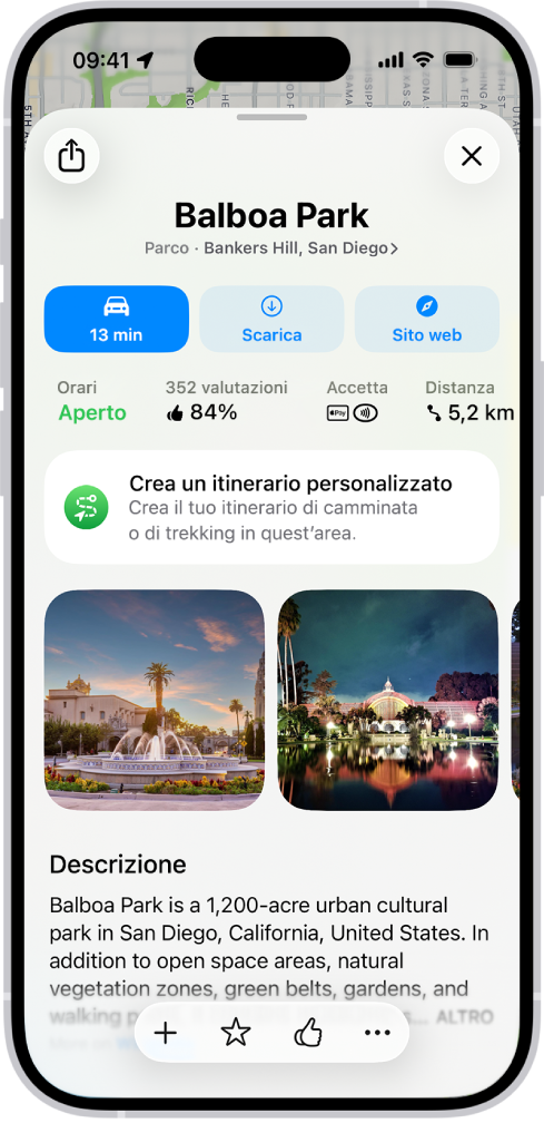 La scheda informativa di un museo che mostra che è aperto, le valutazioni, la descrizione, le foto e i pulsanti per chiamare, visitare il sito web o acquistare i biglietti.