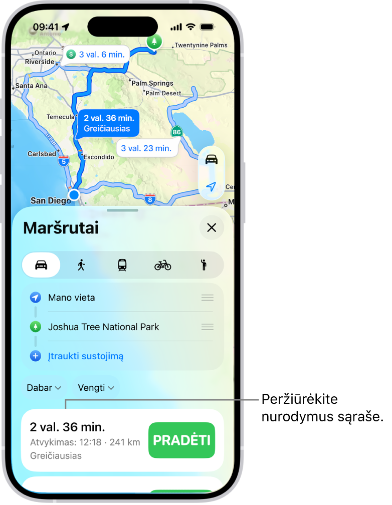 Kortelė su keliomis maršruto parinktimis.