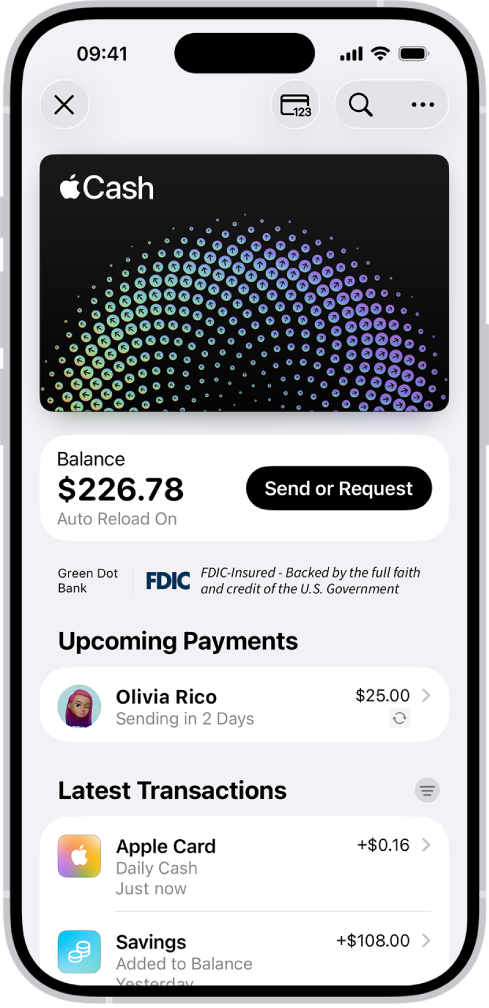 „Apple Cash“ kortelė programoje „Piniginė“: viršuje dešinėje matomas mygtukas „Daugiau“, viduryje matomas dabartinis likutis ir mygtukas „Siųsti arba teikti užklausą“, o apačioje – vėliausios operacijos.