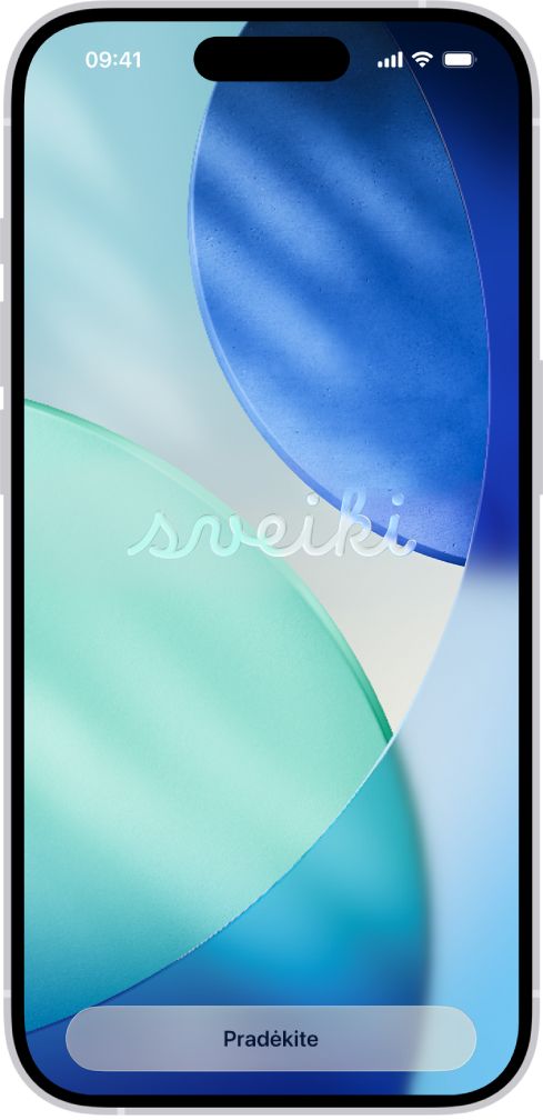 Pasveikinimo ekranas, rodomas pirmą kartą nustačius „iPhone“.