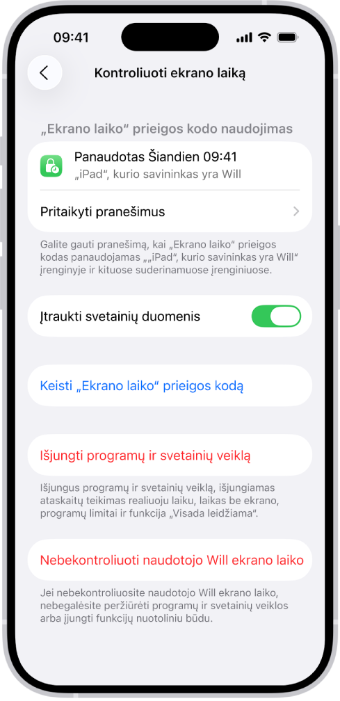 „Ekrano laikas“ valdymo ekranas, skirtas šeimoje esančiam vaikui. Viršuje ekrano rodomas laikas, kai prieigos kodas buvo naudotas paskutinį kartą ir kokiame įrenginyje.