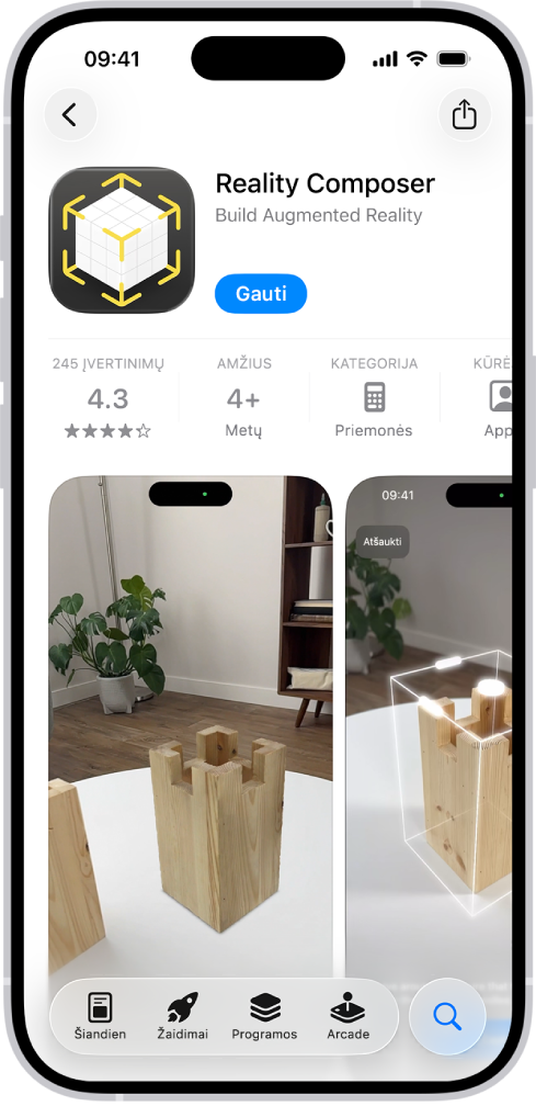 Programos informacijos puslapis programa parduotuvėje „App Store“. Puslapyje rodomas mygtukas „Gauti“, reitingai, rekomenduojamas amžius, kūrėjas, ekrano kopijos ir dar daugiau. Apačioje iš kairės į dešinę yra šie mygtukai: „Šiandien“, „Žaidimai“, „Programos“, „Arcade“ ir „Paieška“.