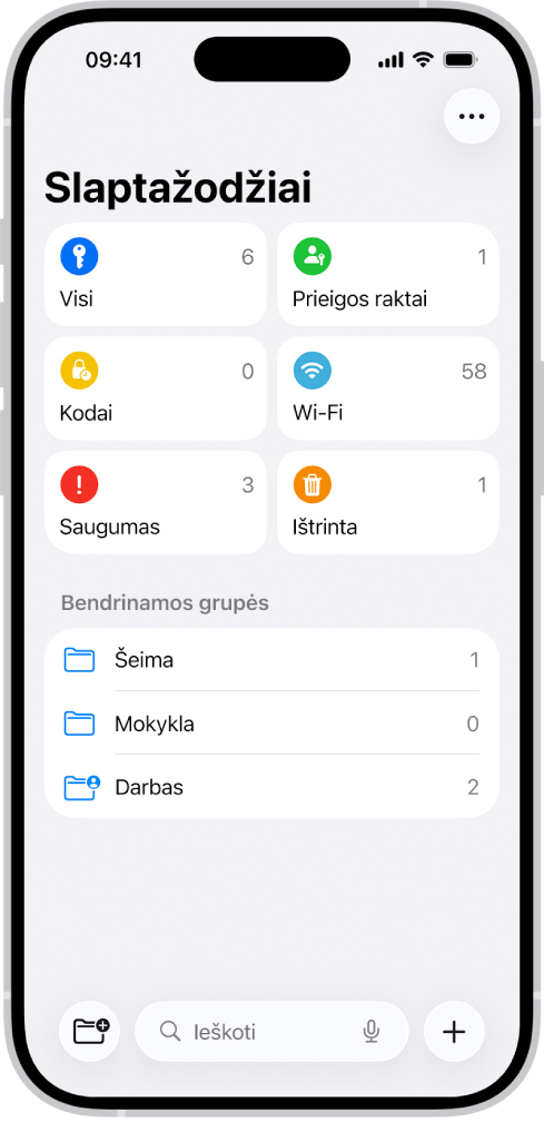 Programos „Slaptažodžiai“ pradžios ekranas, kuriame pateikiami mygtukai „Visi“, „Prieigos raktai“, „Patvirtinimo kodai“, „W-Fi“, „Apsauga“ ir „Ištrinti“, taip pat bendrinamų grupių sąrašas.
