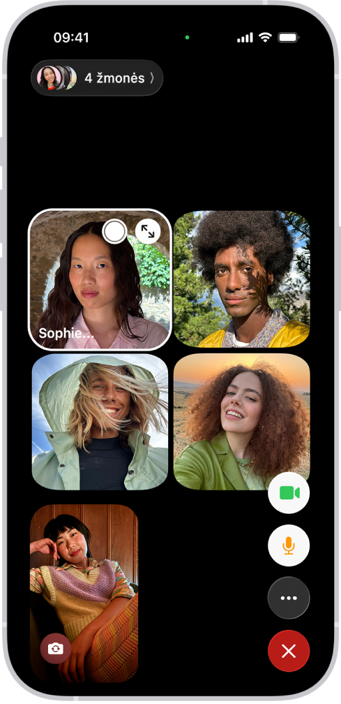 Grupinis „FaceTime“ skambutis su penkiais dalyviais. Kiekvienas dalyvis rodomas atskirame langelyje. Ekrano apačioje dešinėje yra „FaceTime“ valdikliai.