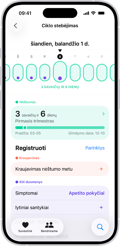 Ekranas „Ciklo sekimas“, kurio viršuje rodoma nėštumo savaitės laiko juosta. Šviesiai žaliais ovalais ir violetiniais taškais laiko juostoje pažymėtos pirmosios 5 dienos. Punktyriniai šviesiai žali ovalai žymi kitas dienas laiko juostoje. Po laiko juosta yra nėštumo suvestinė, rodanti gestacinį amžių, pradžios datą ir numatomą gimdymo datą. Po nėštumo suvestine yra parinktys, skirtos įtraukti informacijos apie kraujavimą nėštumo metu, simptomus ir kt.