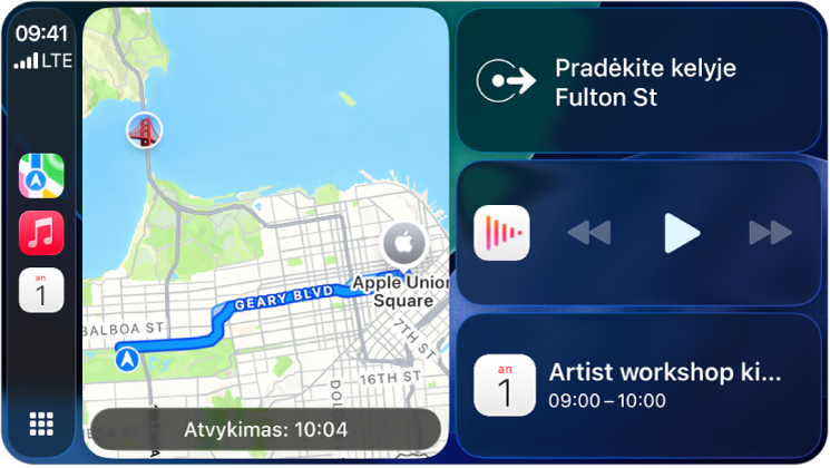 „CarPlay“ prietaisų skydelis, kurio šoninėje juostoje rodomos funkcijos „Žemėlapiai“, „Muzika“ ir „Žinutės“ Dešinėje pusėje yra „Apple Park“ žemėlapis, navigacijos langas ir „Dabar leidžiama“ langas.