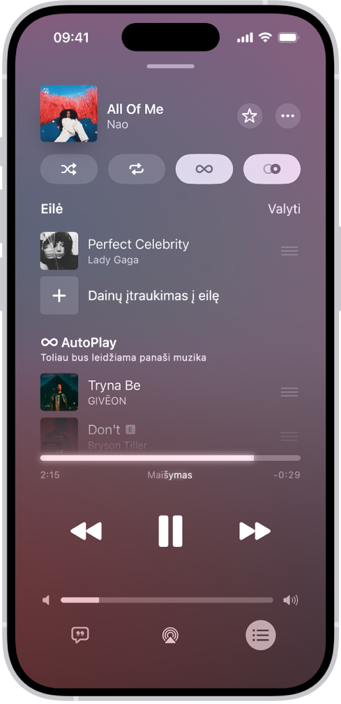 Ekrane „Dabar leidžiama“ rodoma eilė su įjungtomis funkcijomis „AutoPlay“ ir „AutoMix“. Panašios dainos rodomos po eilės dainomis.
