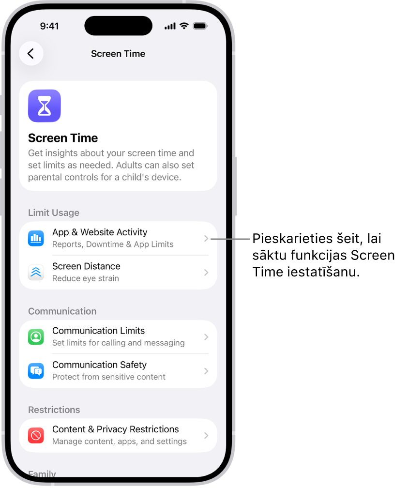 Ekrāns, lai iestatītu Screen Time, kur redzams, ka darba iesākšanai pieskaraties App & Website Activity.