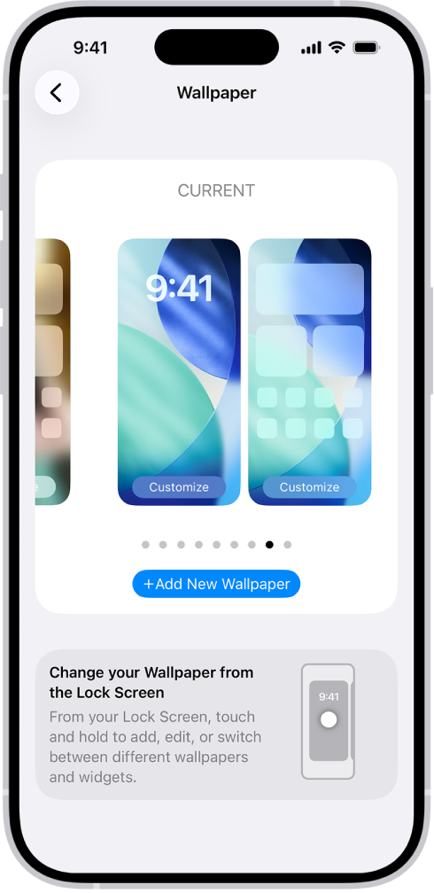 Ekrāns Wallpaper Settings ar pogām, lai pielāgotu pašreizējo ekrānu Home un Lock Screen fona tapeti, un ar pogu Add New Wallpaper, lai mainītu fona tapeti.