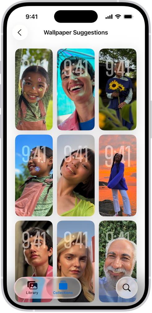 Wallpaper Suggestions ir atvērti lietotnē Photos. Ieteikumu režģī tiek parādītas automātiski ģenerētas fotoattēlu, filtru efektu un pulksteņa ciparnīcas fontu kombinācijas.