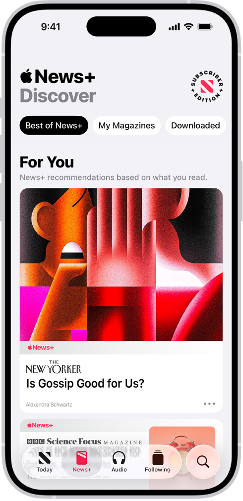 Apple News+ मधील मासिकाची स्टोरी. तळाशी असलेल्या टॅबमध्ये, News+ सिलेक्ट केले गेले आहे.