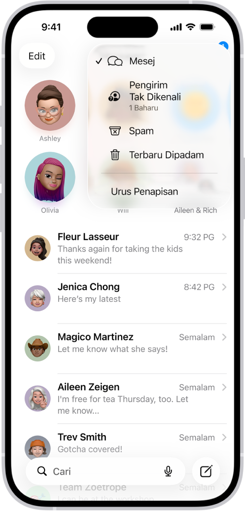 Senarai perbualan dalam Mesej. Semua mesej ditunjukkan kerana tiada penapis dipilih dalam menu Penapis.