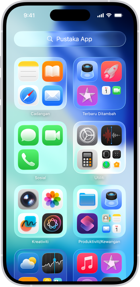 Pustaka App pada iPhone menunjukkan app disusun mengikut kategori (Utiliti, Sosial, Hiburan dan seterusnya).