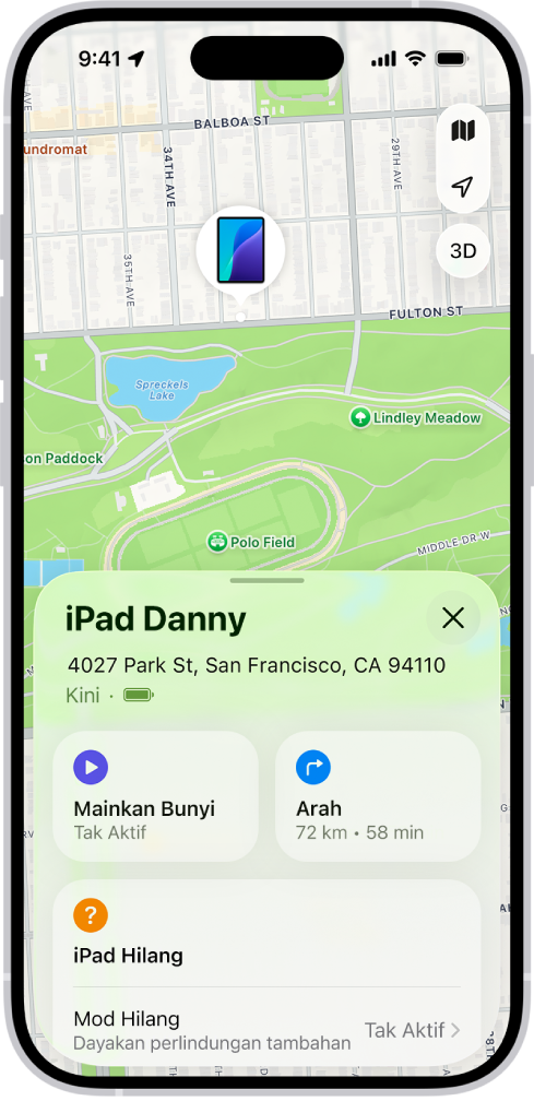 Skrin Cari menunjukkan lokasi iPad pada peta di bahagian atas skrin.