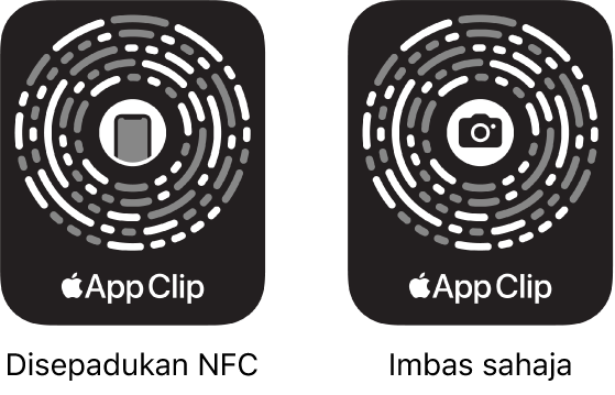 Di bahagian kiri, Kod Klip App diintegrasi NFC dengan ikon iPhone di tengah. Di bahagian kanan, Kod Klip App imbasan sahaja dengan ikon kamera di tengah.