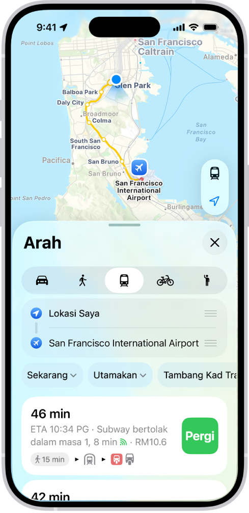 Peta menunjukkan laluan transit. Kad laluan di bahagian bawah memberikan butiran untuk laluan, termasuk anggaran masa perjalanan dan jumlah kos. Butang Pergi kelihatan di sebelah kanan butiran.