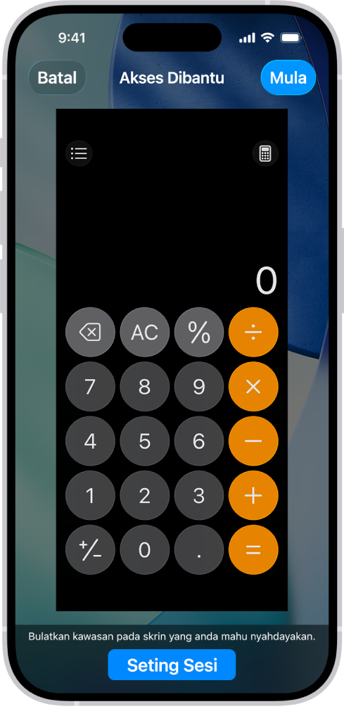 Skrin iPhone menunjukkan Akses Dibantu sedang disediakan. iPhone dikunci buat sementara untuk hanya app Kalkulator dan salah satu butang dalam app telah dinyahdayakan.