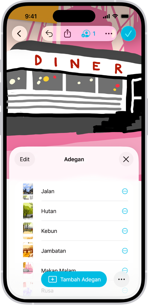 Papan Freeform dengan Penavigasi Adegan dibuka dan beberapa adegan yang disimpan.