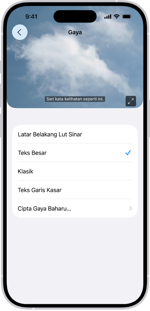iPhone menunjukkan contoh sari kata dengan gaya tersuai.
