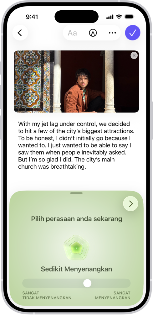 Skrin dalam app Jurnal menunjukkan catatan dengan bahagian di bawah yang anda boleh log keadaan minda anda.
