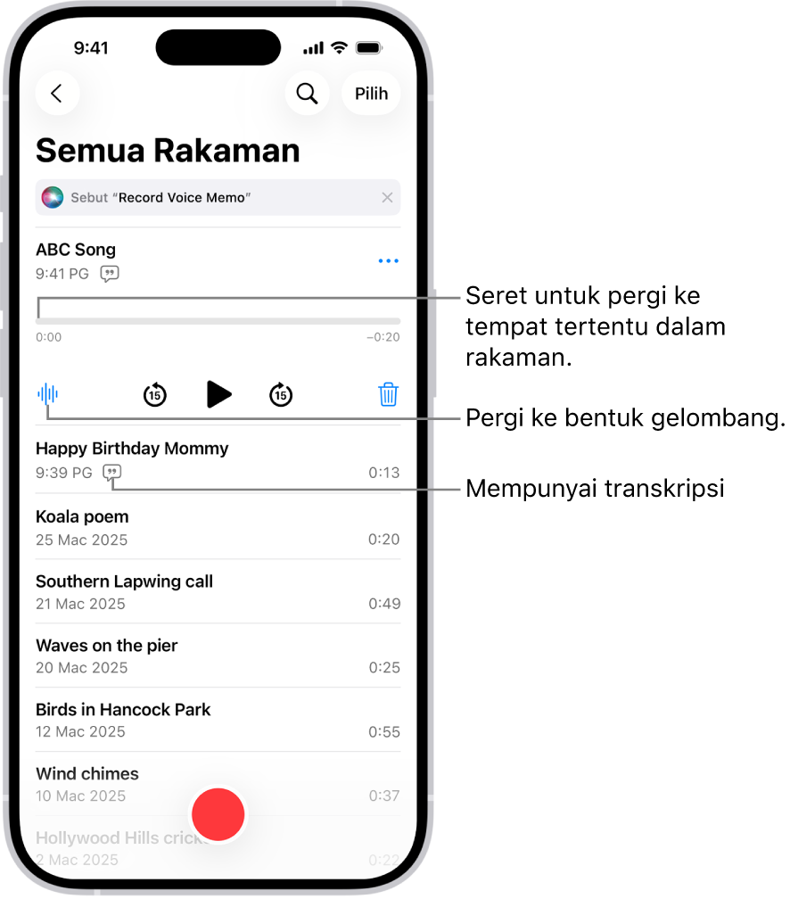 Skrin senarai Memo Suara dengan rakaman dipilih di bahagian atas. Garis masa rakaman mempunyai penunjuk main, yang anda boleh seret ke tempat khusus dalam rakaman. Kawalan main adalah di bawah garis masa.