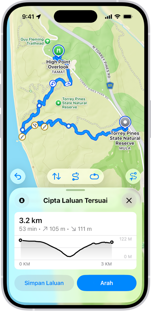 Laluan tersuai dalam app Peta, dengan jarak, profil ketinggian, anggaran masa serta pilihan untuk menyimpan atau mendapatkan arah ke permulaan laluan.